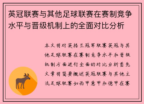 英冠联赛与其他足球联赛在赛制竞争水平与晋级机制上的全面对比分析