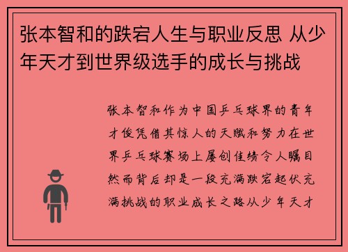 张本智和的跌宕人生与职业反思 从少年天才到世界级选手的成长与挑战