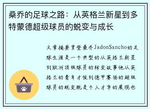 桑乔的足球之路：从英格兰新星到多特蒙德超级球员的蜕变与成长